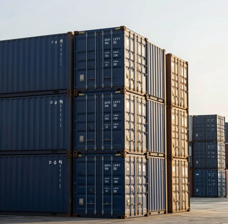 Industrial shipping containers stacked at a modern European port, crisp morning daylight reflecting off steel surfaces, architectural scale, professional maritime logistics