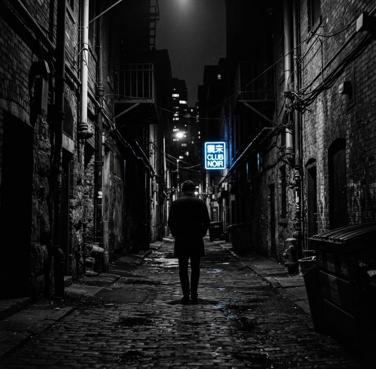 Wide cinematic still from 'The Silent Frame', a lone figure in a high-contrast monochrome urban alley, moody low-key lighting, anamorphic lens, deep shadows, 35mm grain, electric blue accent in a distant neon sign.
