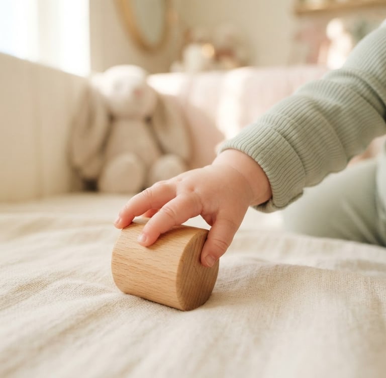 A close-up of a baby's hand reaching for a wooden block, soft natural morning light, gentle pastel tones, shallow depth of field, 35mm, warm editorial photography.