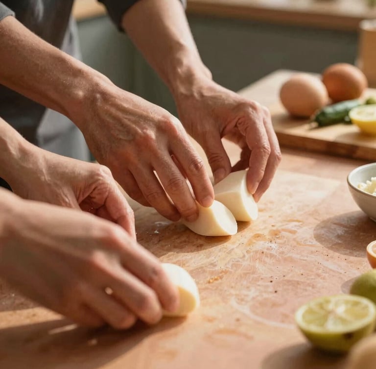 Dynamic close-up of diverse hands prepping raw ingredients on a warm terracotta countertop, soft golden-hour natural daylight filtering in