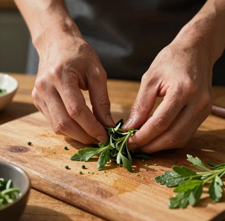 Dynamic close-up of hands prepping raw ingredients on a rustic wooden table, warm golden daylight casting soft shadows, focus on the texture of fresh herbs.