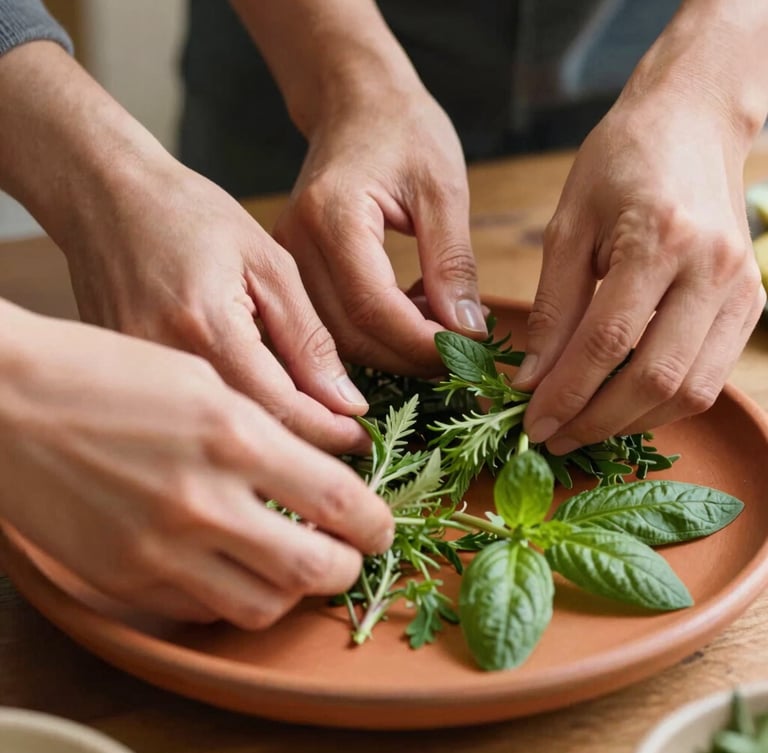 Close-up of diverse hands carefully arranging fresh herbs on a vibrant terracotta plate, warm natural light, shallow depth of field.