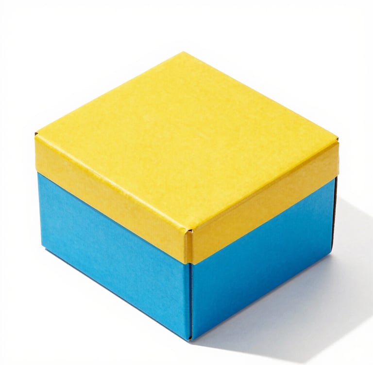 Overhead isometric studio shot of a vibrant custom rigid box, sharp geometric shadows, bright high-key lighting, saturated colors, macro lens