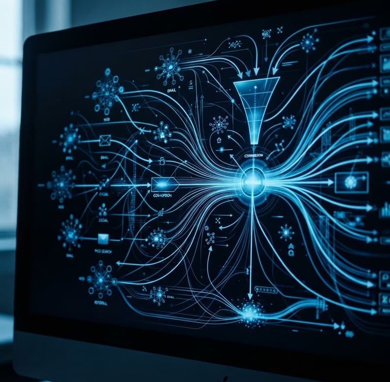 Macro close-up of a high-resolution dark monitor displaying complex real-time B2B marketing attribution models, sharp electric blue data lines, moody low-key lighting, cool overcast studio daylight, 35mm