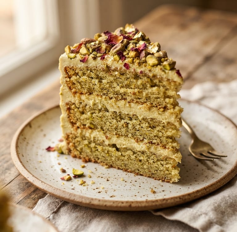 Macro overhead shot of a sliced pistachio cardamom cake, showing moist interior crumb and velvety buttercream layers, soft side window light, warm tones.