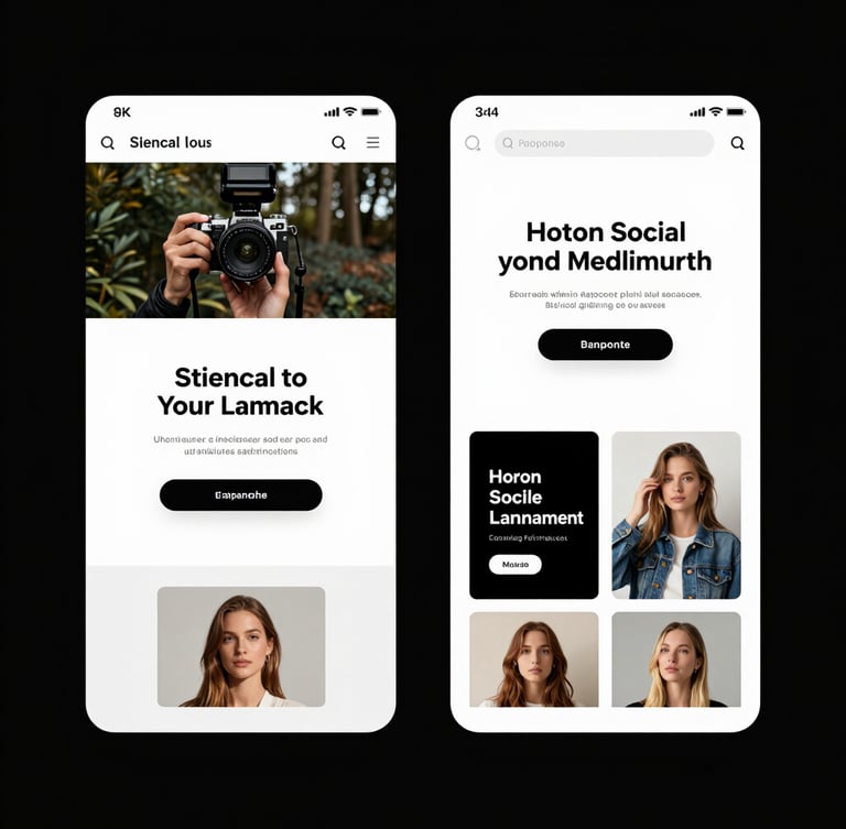 A structured browser mockup showing side-by-side creative iterations of high-converting social ad layouts, clean typography, sharp contrasts, cool-toned studio lighting