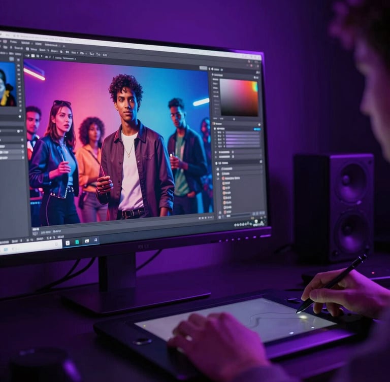 Close-up of a designer editing a vibrant social ad on a high-end monitor, neon violet ambient glow, dark studio setting, hands visible on a graphic tablet
