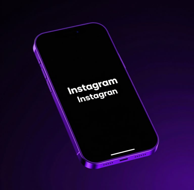 Sleek dark-mode mockup of a smartphone displaying a high-converting Instagram ad, vibrant purple neon rim lighting, deep obsidian background, sharp details
