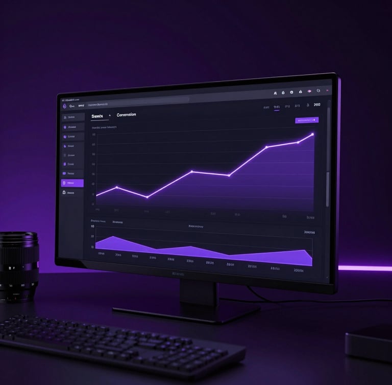 Sleek dark-mode analytics dashboard displaying climbing conversion charts, glowing purple accent lines, dramatic low-key studio lighting, 35mm lens