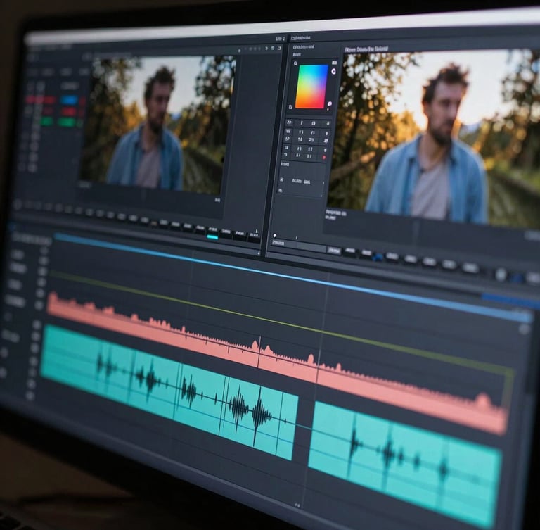 Close-up of a high-production video editing timeline with audio waveform tracks, color grading panels, and conversion-optimized ad overlays, cool-toned studio lighting