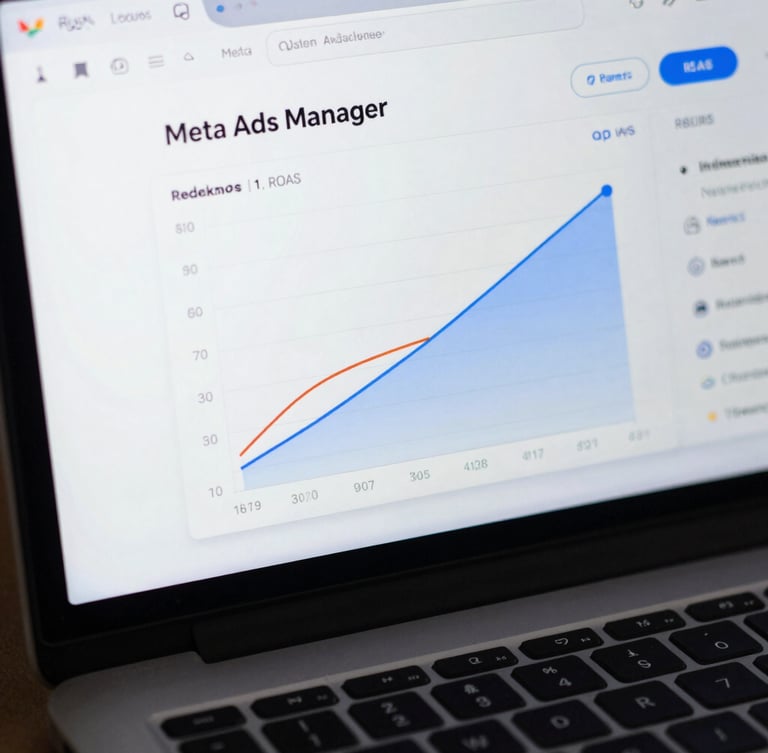 Macro close-up of a clean browser mockup displaying an active Meta Ads Manager dashboard with upward-trending ROAS charts, cool-toned studio lighting, sharp contrasts.