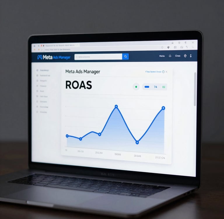 Crisp, high-fidelity screenshot of a Meta Ads Manager dashboard showcasing positive ROAS metrics, framed in a clean browser mockup, cool-toned studio lighting, sharp contrasts.