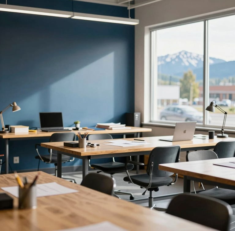 Crisp editorial photography of a modern, organized workshop or office in Sandpoint, natural daylight streaming in, professional and grounded, 35mm.