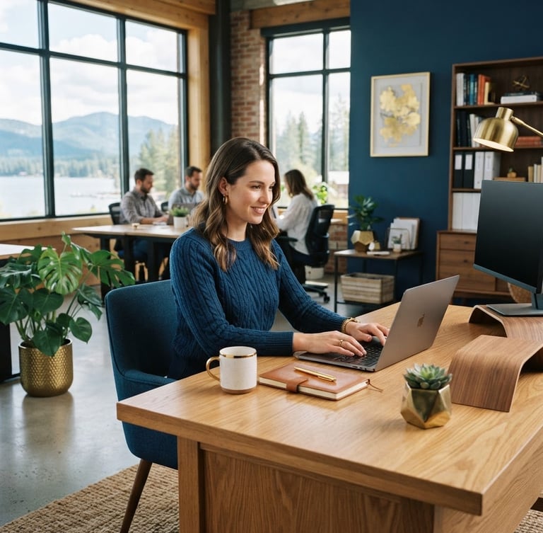 Crisp editorial photography of a modern, organized commercial workspace in Sandpoint, bright natural daylight, deep blue and warm gold accents, sharp focus, 35mm