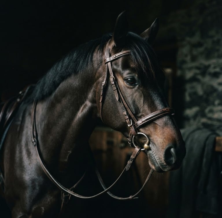 Moody equestrian photography of a dark stallion, low-key dramatic side-lighting, deep velvety sage and charcoal background, rich leather tack detail, 35mm film