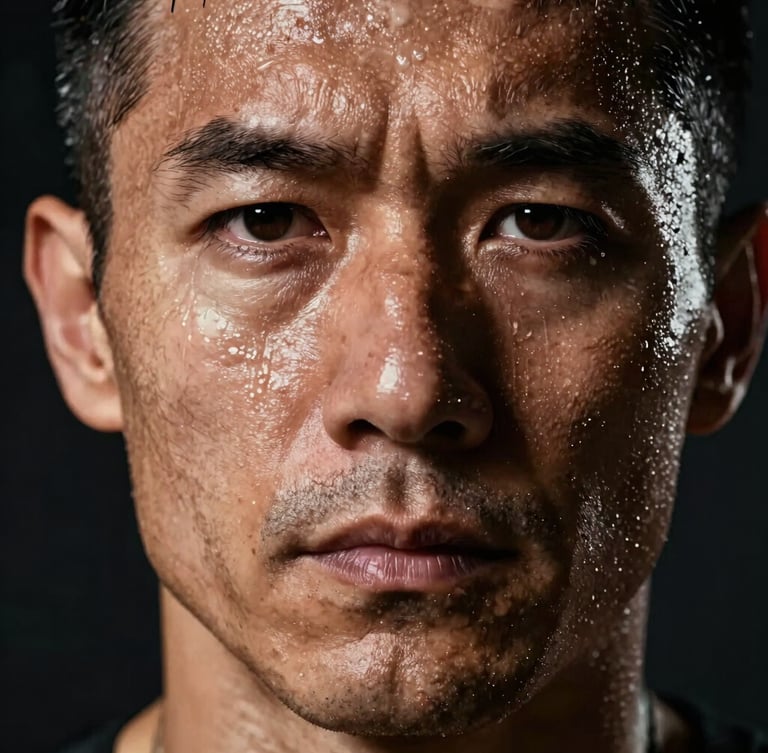Extreme close-up of a mature male athlete's face sweating heavily under harsh studio lighting, deep shadows, intense focus