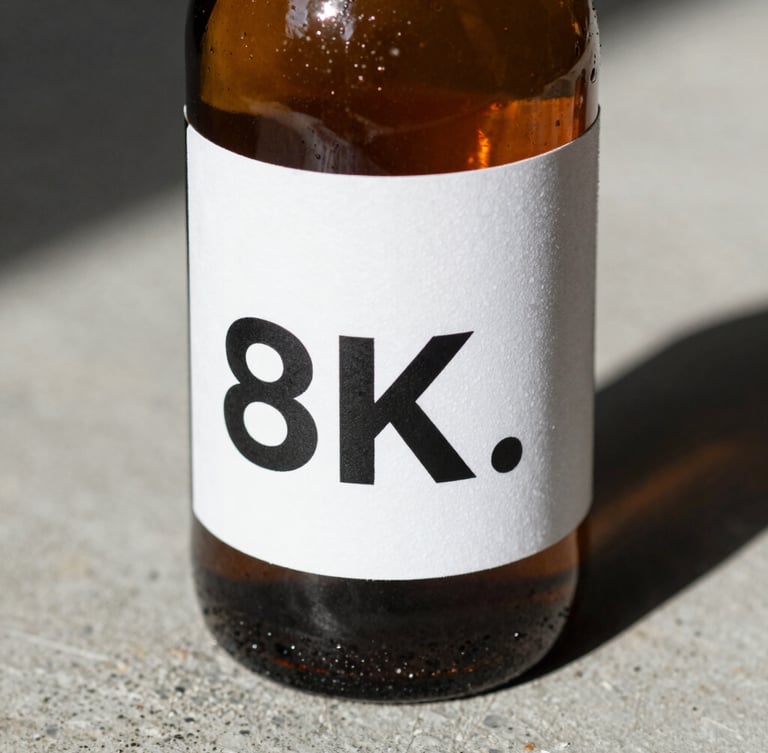 Extreme close-up of an amber glass bottle on a rough concrete surface, harsh directional studio lighting casting deep shadows, showing a clean white technical label with bold black typography.