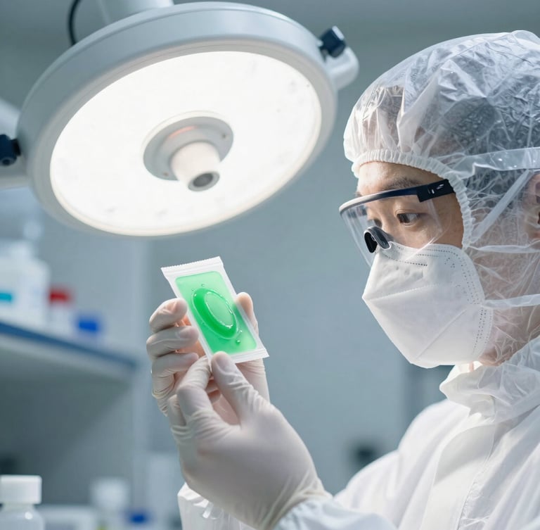 Close-up of a laboratory technician in sterile white cleanroom gear analyzing a wet wipe substrate sample, bright clinical light, 35mm