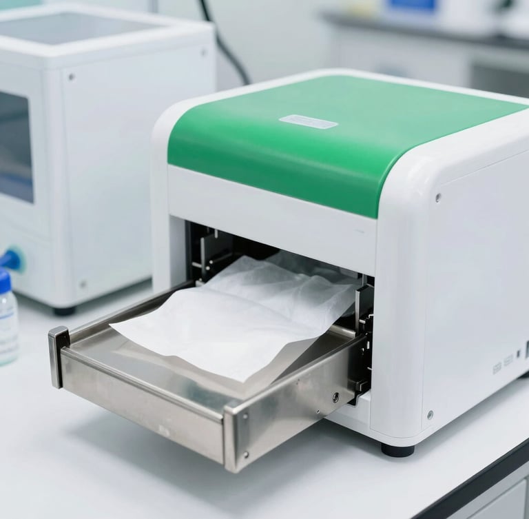 Bright clinical photography, sterile white laboratory environment, automated stainless-steel wet wipes packaging line, fresh green accents, sharp focus, 35mm