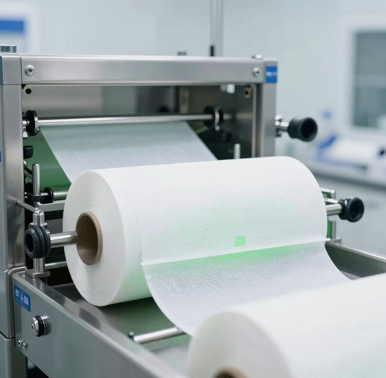 Bright clinical B2B photography of a modern automated wet wipes production line, sterile stainless steel machinery under clean white laboratory light, rolls of nonwoven spunlace fabric visible.