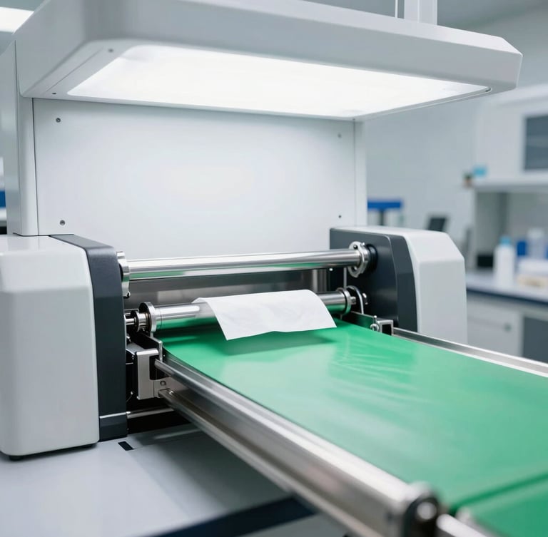 Wide-angle clinical view of automated stainless-steel wet wipe folding and packaging machinery under bright white laboratory light, 35mm