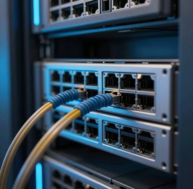 Macro close-up of high-end server rack cabling, clean network operations center, sharp neon blue accent lights reflecting off metallic surfaces, 35mm