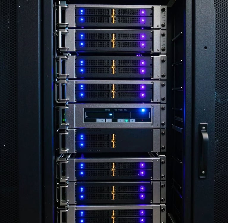 Portrait framing of a clean server rack cabinet in a dark security operations center, glowing purple and neon blue indicator lights, metallic textures, shallow depth of field, 35mm photography