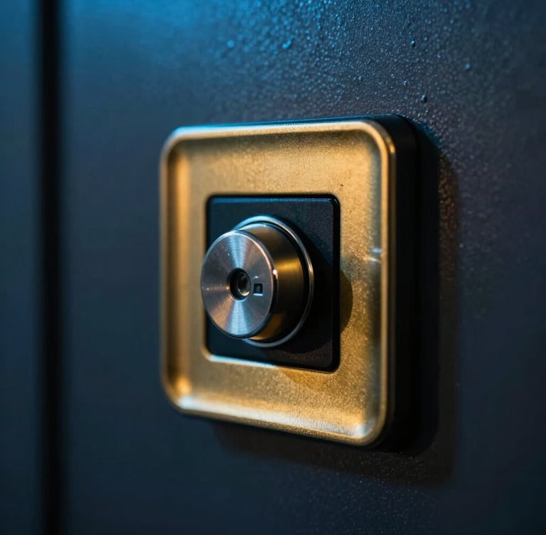 Modern office access control hardware with a dark metallic finish, low-key lighting with sharp gold accent lights reflecting off the surface, 35mm