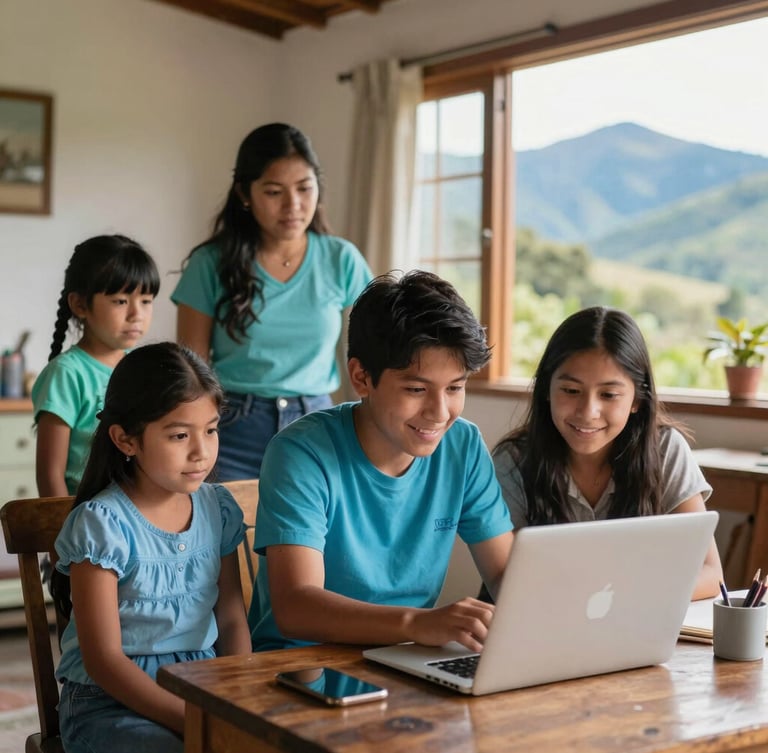 A warm editorial photo of a local Ecuadorian family in their living room in Aloag, a student happily working on a laptop, soft light coming from a window, natural mountain setting.