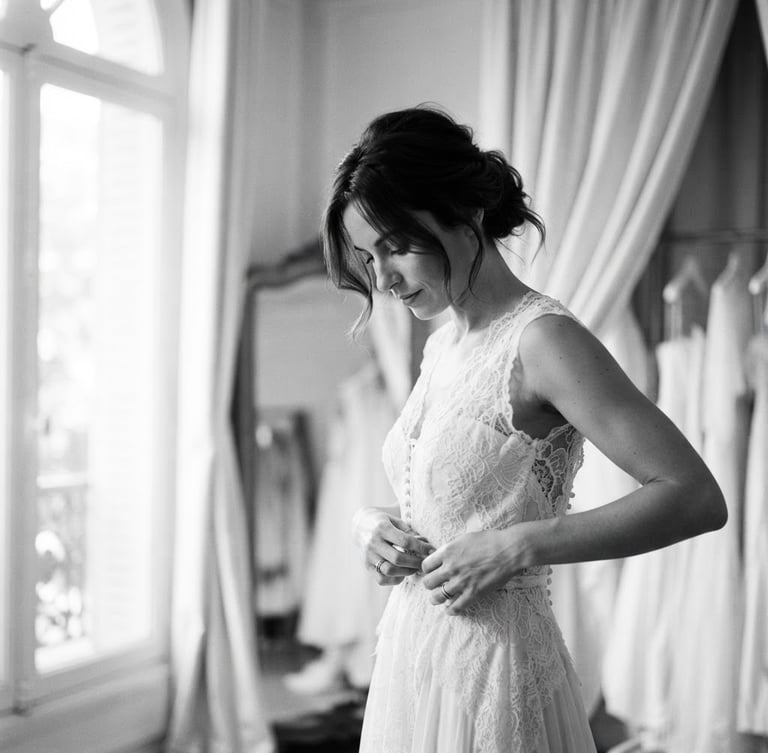 High-contrast black and white editorial portrait of a bride during a fitting, soft natural window light, warm ivory tones, elegant drapery, shallow depth of field.