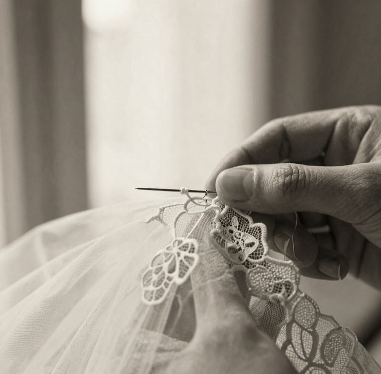 Macro close-up of hands sewing delicate French lace onto fine silk tulle, shallow depth of field, high-contrast black and white, warm ivory lighting, focus on the intricate needlework.