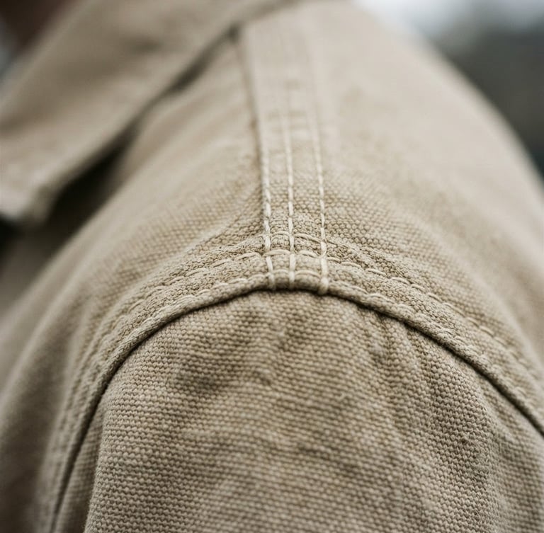 Extreme close-up of heavy-weight cotton stitching on a structured beige shoulder, low-contrast overcast daylight, desaturated neutral tones, 35mm film grain.