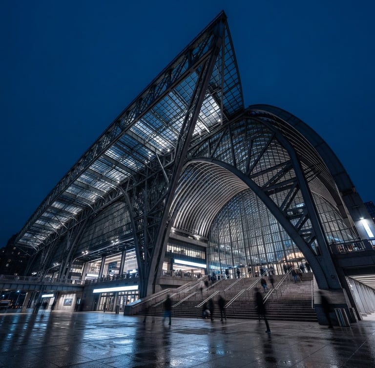 Low-angle heroic shot of a massive steel-and-glass transit hub at blue hour, sharp structural shadows, cool daylight, architectural photography style.