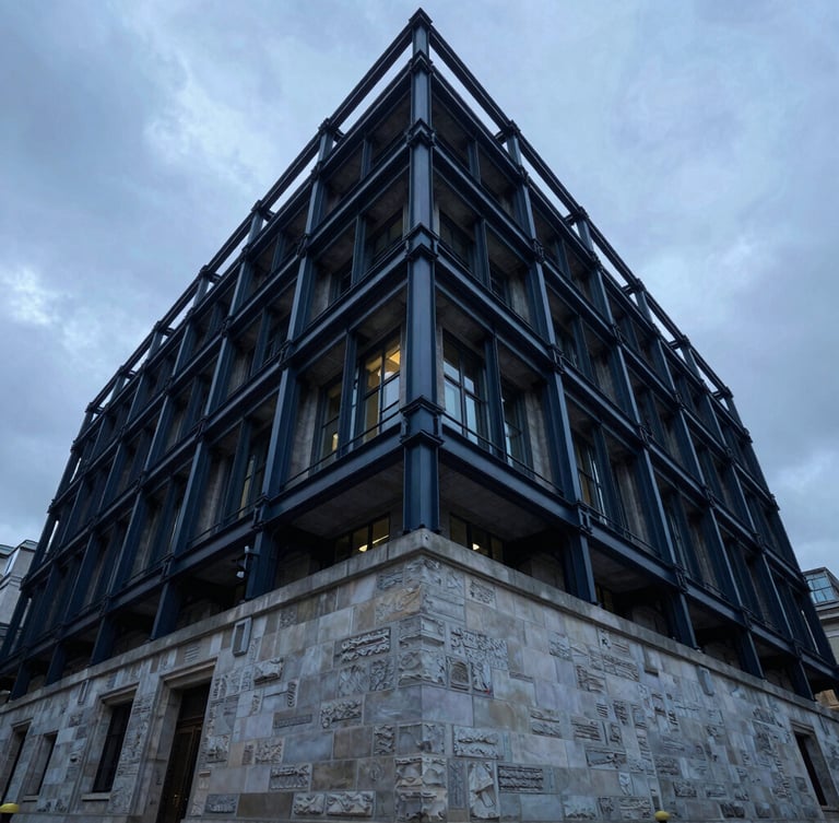 Wide-angle architectural photograph of a historic stone-and-steel civic building in London, crisp overcast sky, sharp structural focus.