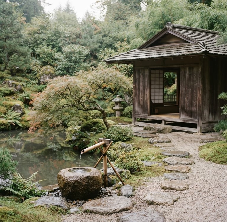 Minimalist Japandi landscape of Mays Garden, soft diffused overcast daylight, muted sage and warm beige tones, 35mm film