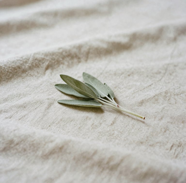 Close-up of soft beige linen fabric and a sprig of dried sage, minimalist Japandi aesthetic, soft diffused daylight