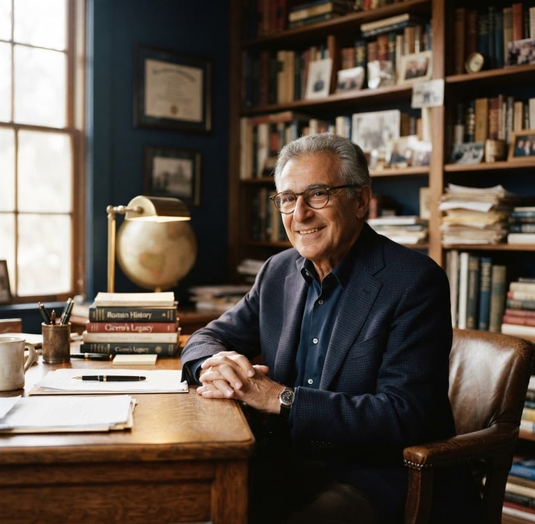 Warm environmental portrait of Dr. Cicero Adriano in his office, soft window daylight, deep navy and rich wood tones, shallow depth of field, 35mm