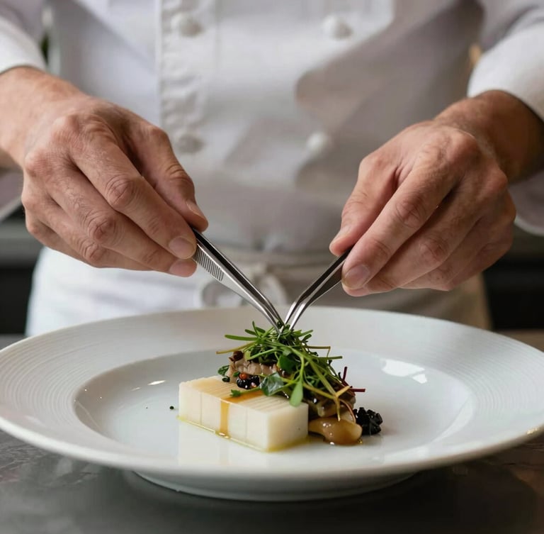 A close-up, dead-on eye-level shot of a chef's hands using precision tweezers to place a delicate herb on an architecturally plated dish, diffused natural light.