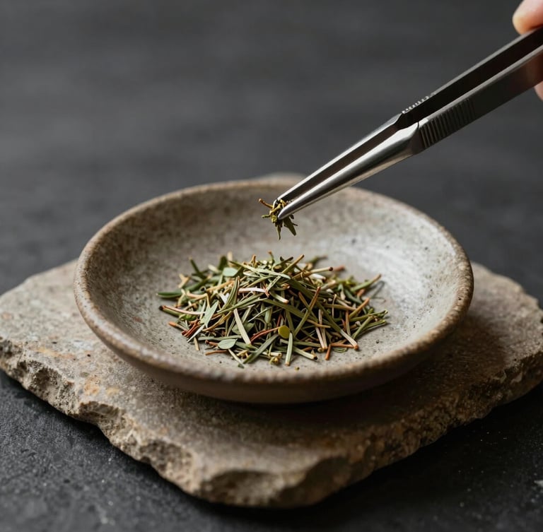 Macro shot of a single, architecturally plated dish on warm stone, low-contrast diffused natural light, sharp focus on the tweezers placing a micro-herb, deep charcoal background.