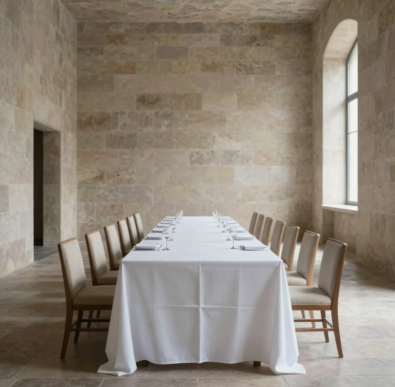Dead-on eye-level architectural perspective of an empty, perfectly set long banquet table in a minimalist stone hall. Diffused natural light casting soft, clean shadows. No people.