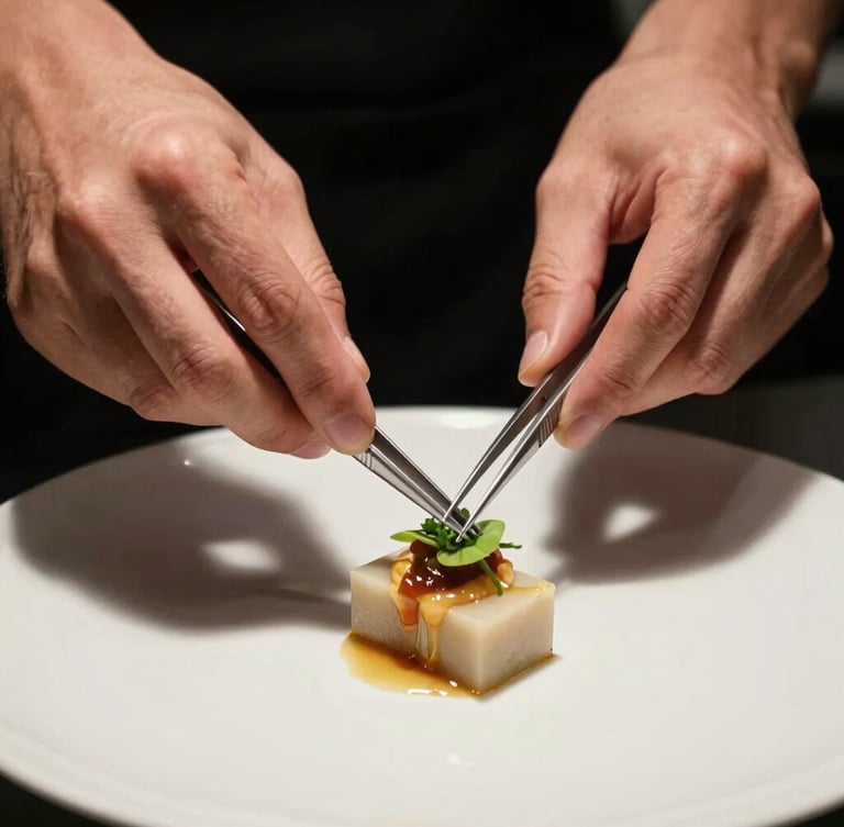 Close-up of chef's hands plating a geometric dish with tweezers, dramatic side lighting, dark moody background