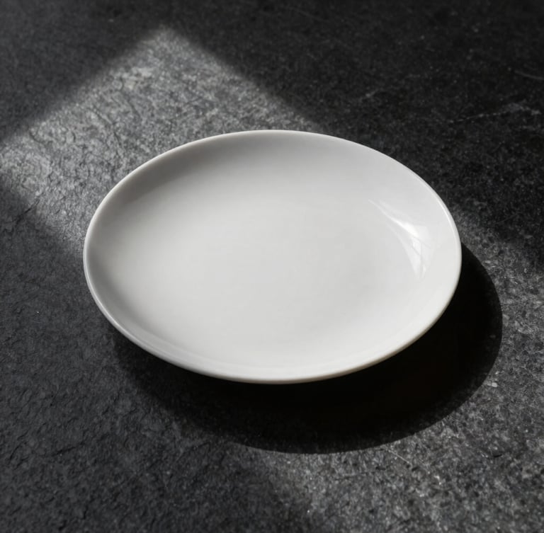 Dead-on eye-level architectural perspective of a single, minimalist plated dish on a dark stone surface, hard directional lighting casting deep shadows