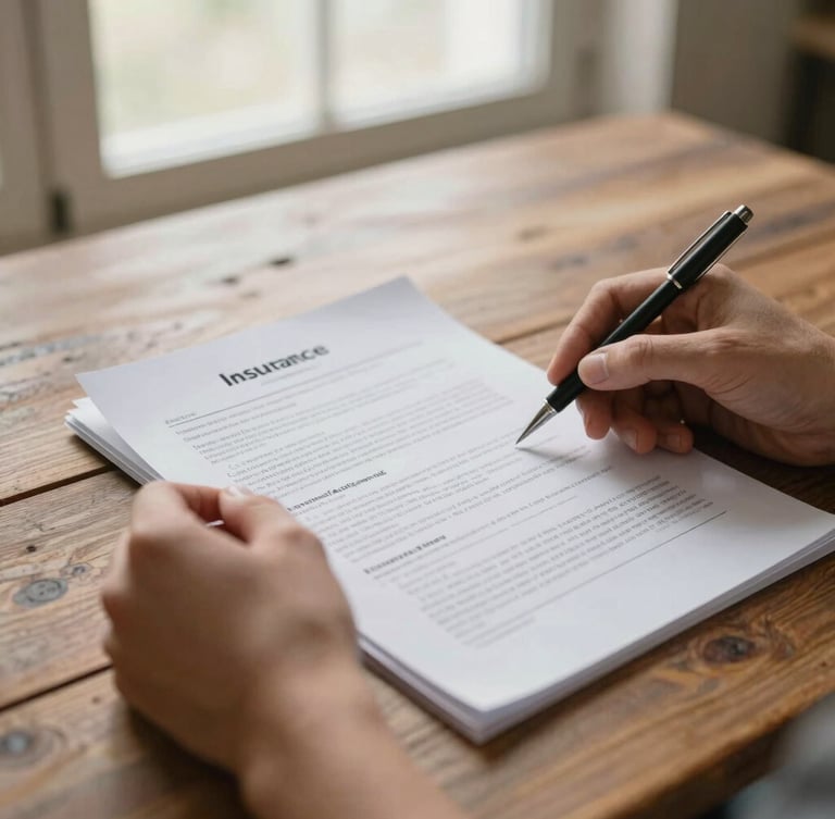 Close-up of hands reviewing insurance documents on a rustic wooden table, soft natural window light, shallow depth of field, warm editorial style