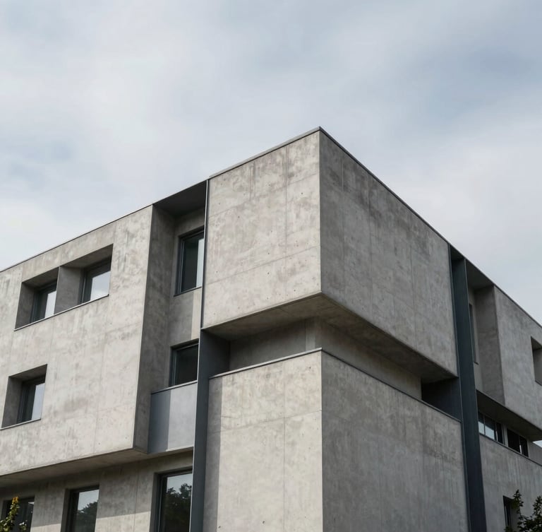 Crisp architectural elevation of a modern concrete and steel facade under cool overcast daylight, sharp geometric shadows, wide-angle lens