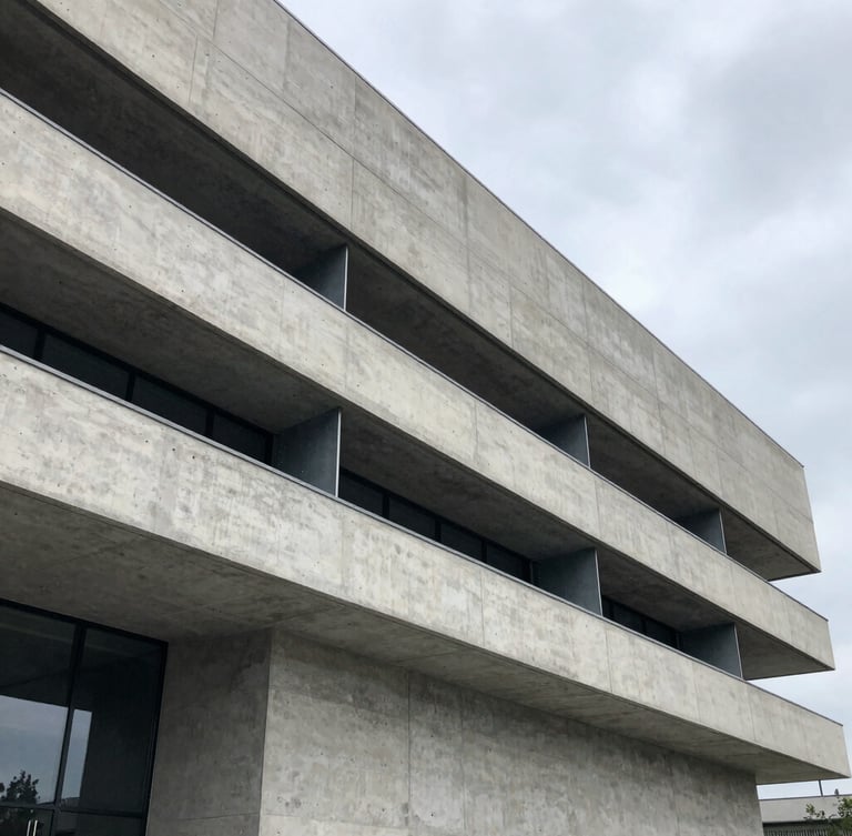 Crisp architectural elevation of a concrete and steel facade, sharp shadows, cool overcast daylight, wide-angle lens, sharp focus