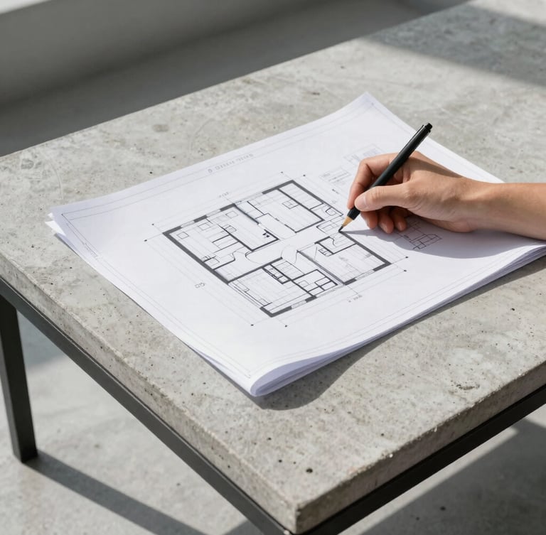Lead architect reviewing technical blueprint plans on a raw concrete table, high-contrast natural light, sharp shadows, cool overcast daylight, sharp focus