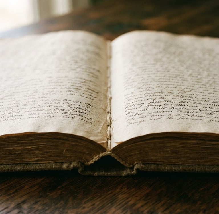 A close-up macro shot of an open linen-bound book on a dark oak table, soft morning window light highlighting the paper texture, warm editorial photography, 35mm