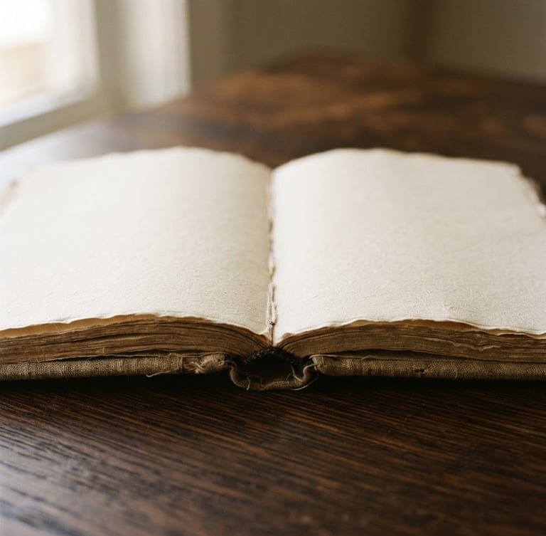 A close-up photograph of an open linen-bound book on a dark oak table, soft morning window light highlighting the paper texture, warm shadows, 35mm.