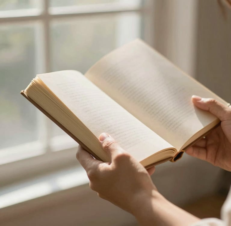 A close-up portrait of hands holding a thick, open thread-sewn book with cream-colored deckled edges, warm morning light revealing the rich paper texture.