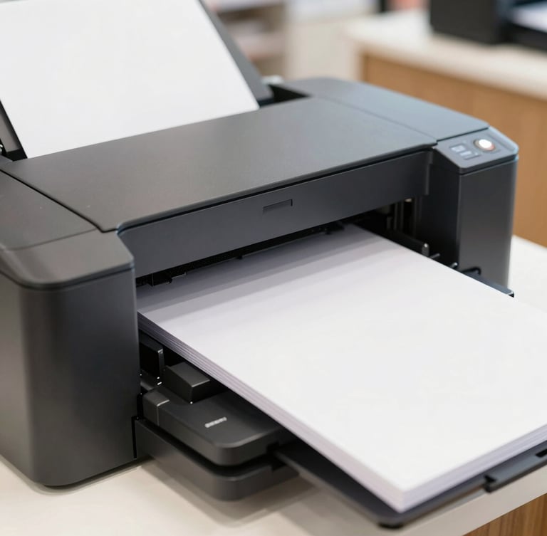 Close-up of a high-quality laser printer output tray with freshly printed, crisp black and white pages sliding out, clean retail store environment, natural light